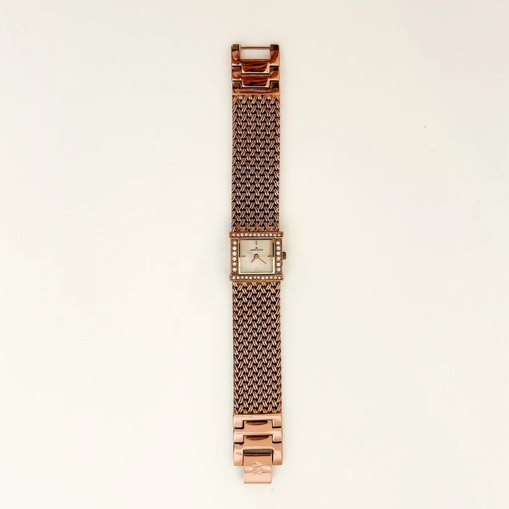Anne Klein rose gold tone square copper analog watch rhinestone mesh braided